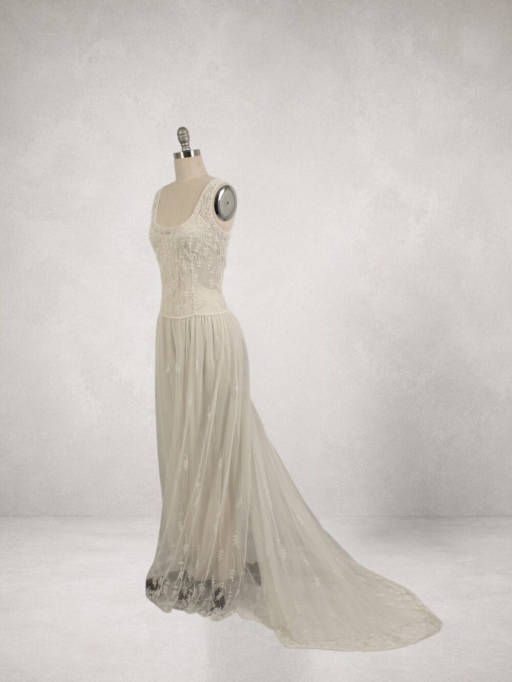 Vintage Celesté by Norma Lenain Pearl Beaded English Net Bridal Gown + Silk Slip